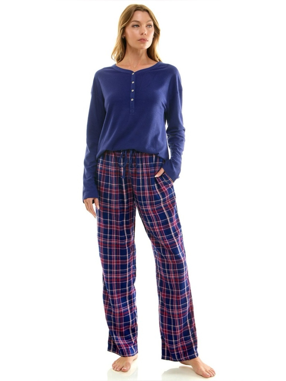 Croft & Barrow Henley Top & Rayon Pajama Bottom Set Dina Plaid Large NWT